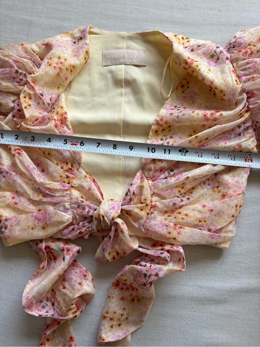 Keepsake Front Tie Floral Puff Sleeve Cropped Blouse Pink Beige XXS